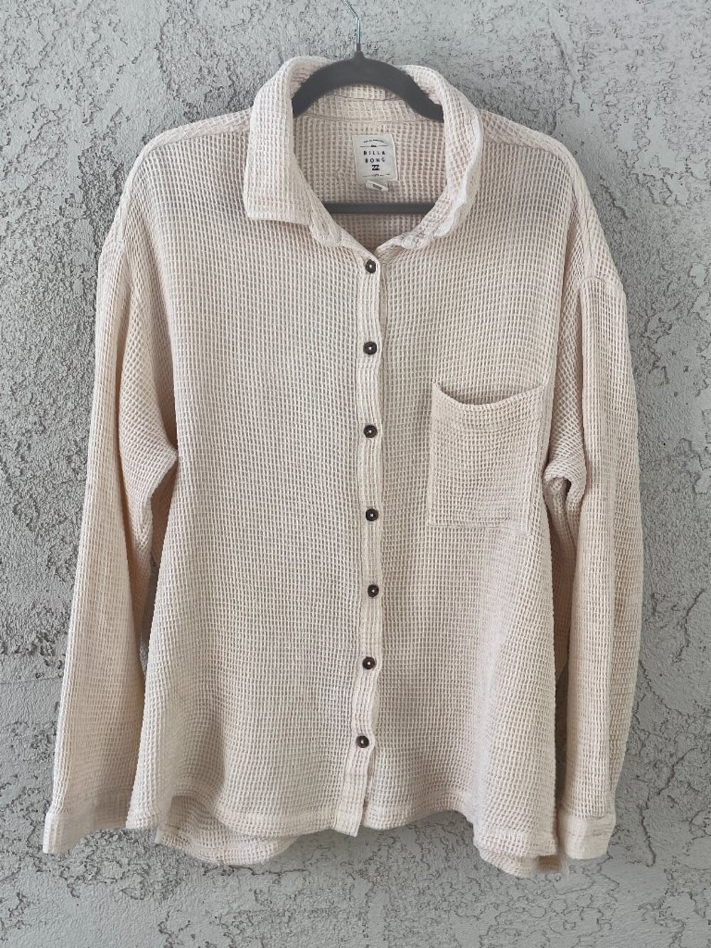 Billabong Cream Waffle Knit Button Down Shirt Shacket Pocket Women's Size Large